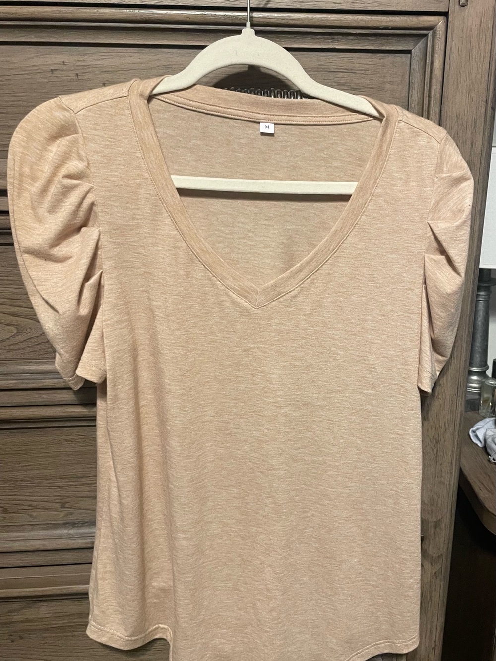 Amazon Women's Puff Sleeve V-Neck Short Sleeve Top - Light Beige